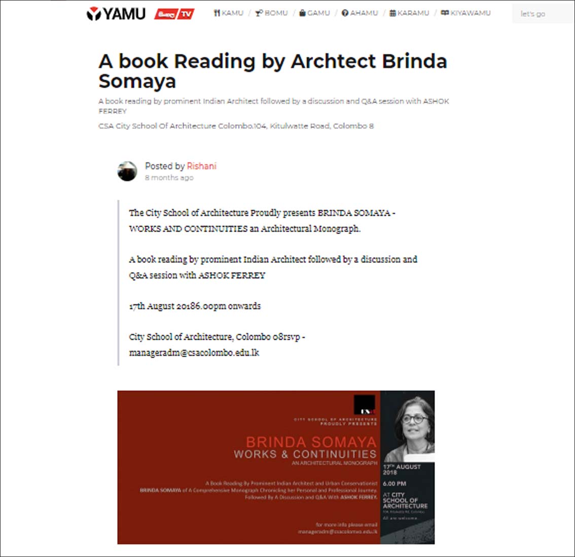 A book Reading by Archtect Brinda Somaya, yamu - August 2018